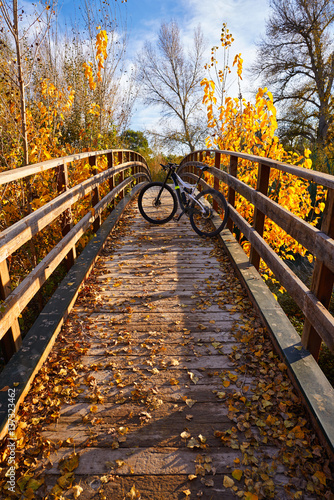 Fototapeta Naklejka Na Ścianę i Meble -  Autumn sunset bike on bridge Parque de Turia