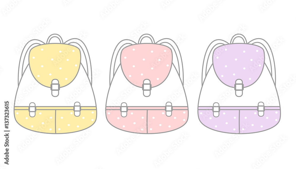 cute cartoon yellow pink and violet backpack set vector illustration

