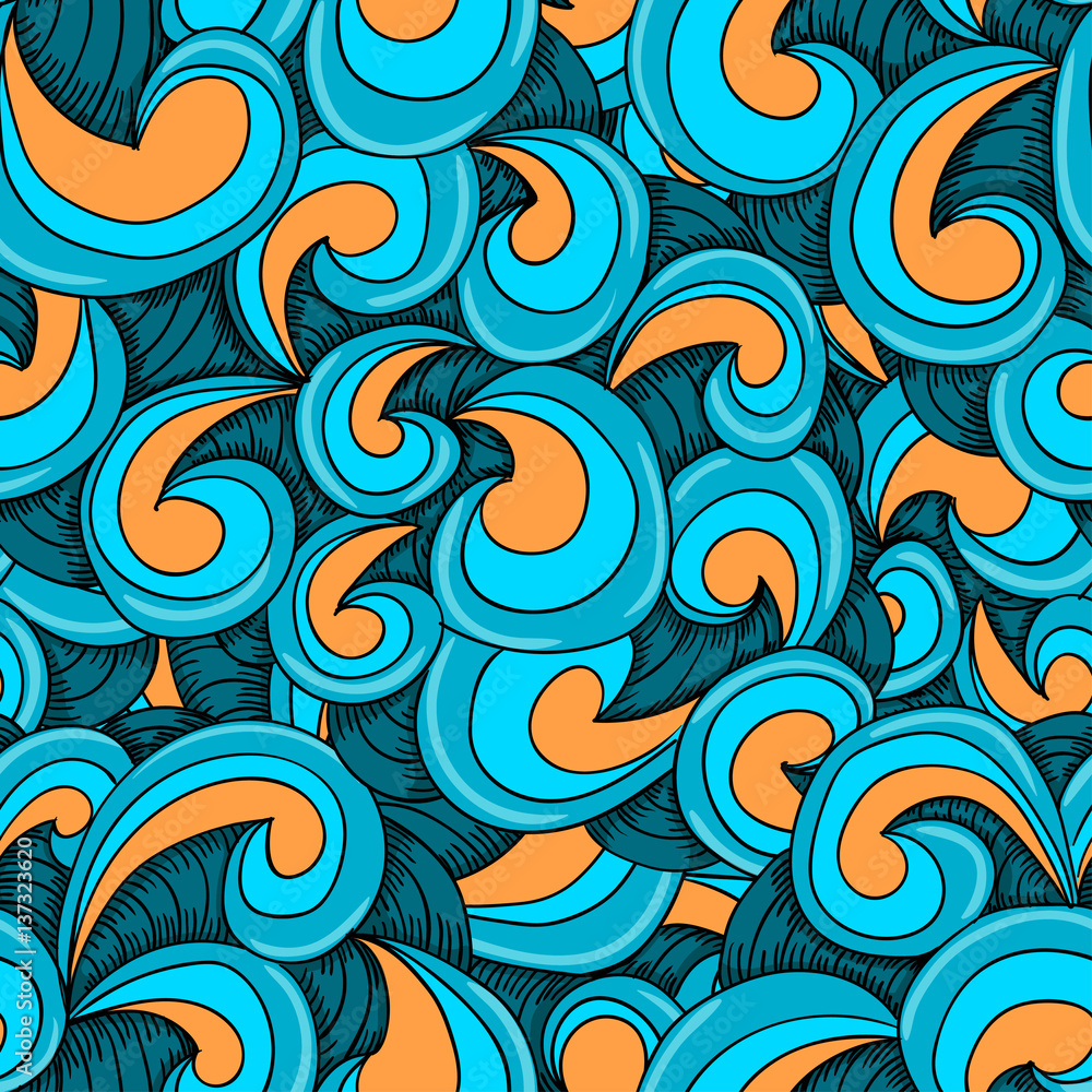 Fototapeta premium Blue and yellow waves zentangle pattern