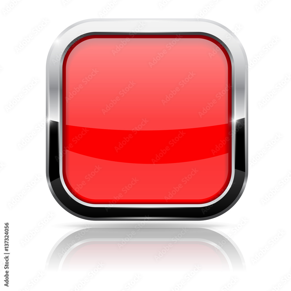 Red square glass button with chrome frame Red square glass button with chrome frame