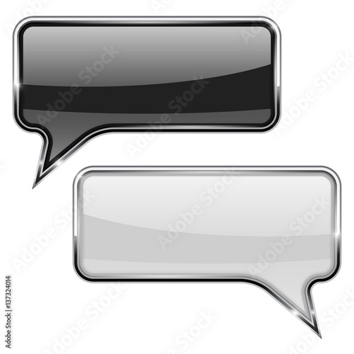 Black and white speech bubble. Rectangular 3d icon with chrome frame