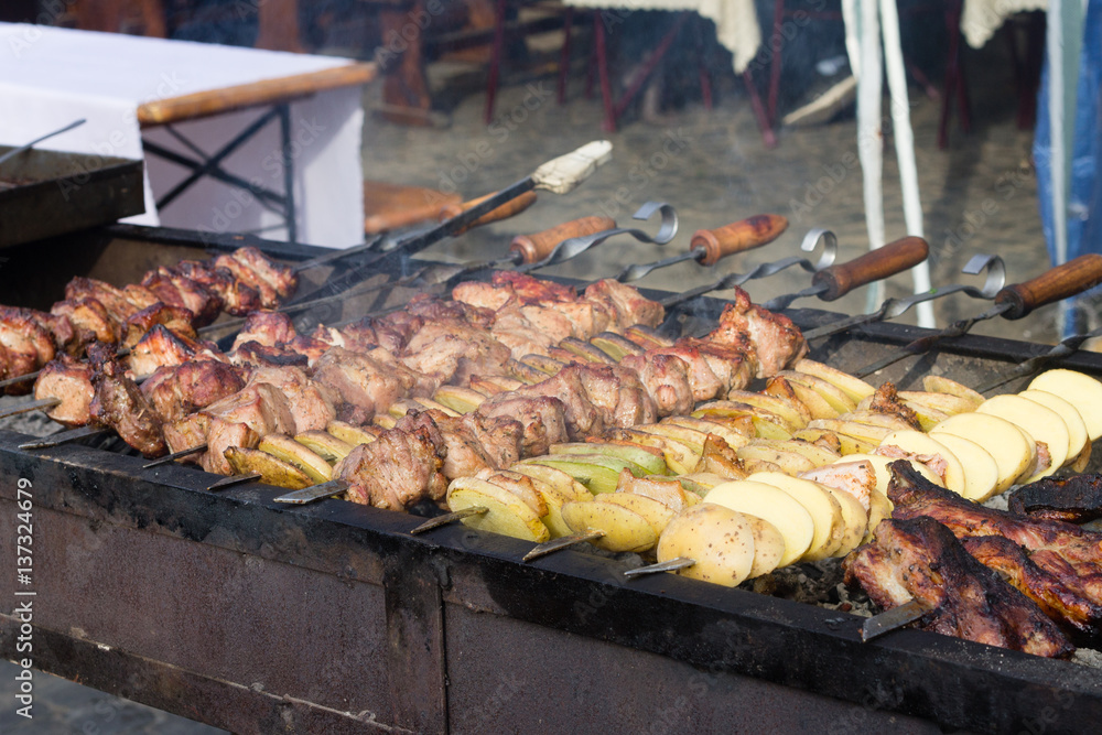BBQ meat and potato on grill BBQ meat and potato on grill