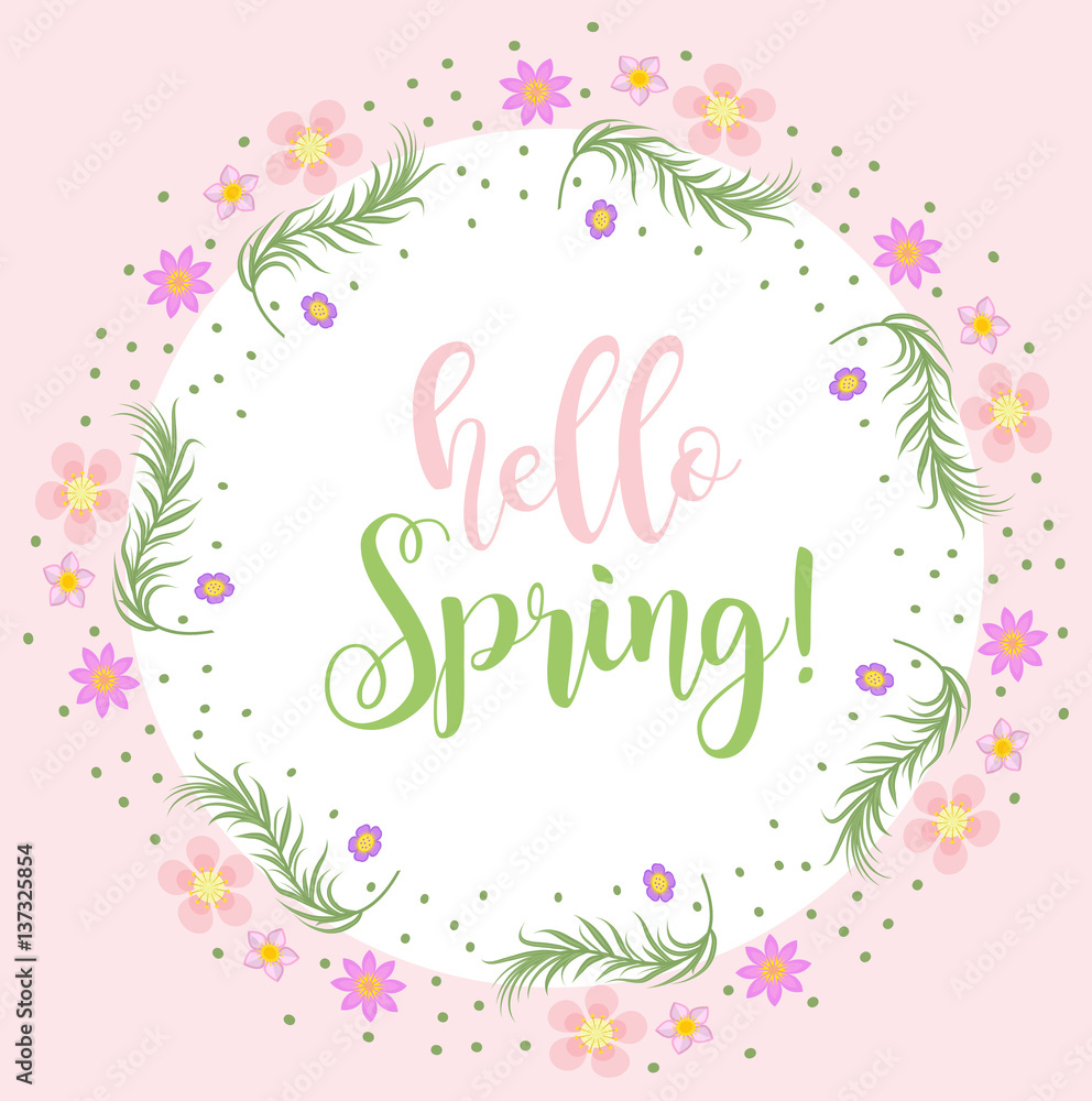 Hello Spring floral frame for text, isolated on white background. Spring template for your design, cards, invitations, posters. Vector illustration Hello Spring floral frame for text, isolated on white background. Spring template for your design, cards, invitations, posters. Vector illustration