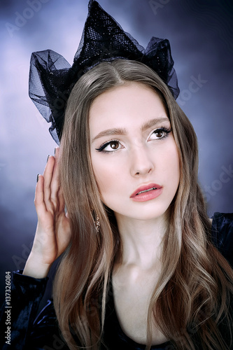 Portrait of beautiful majestic royal person of queen fantasy character with luxury precious black crown