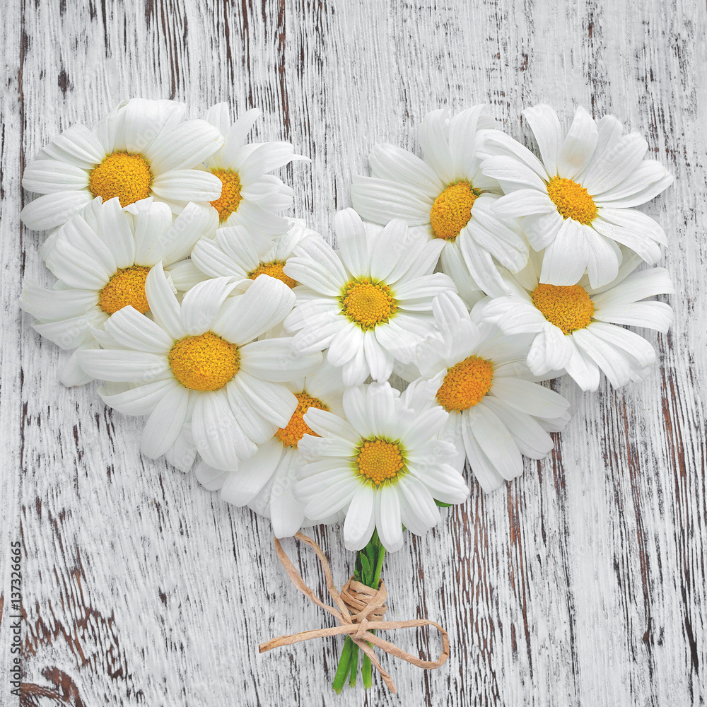 Obraz premium White daisies in the shape of a heart on the old wooden background. 