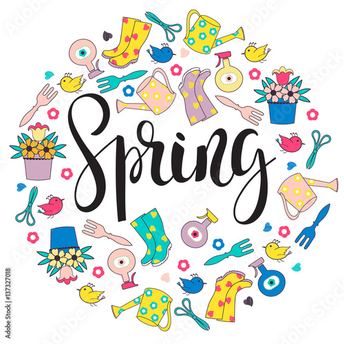 Lettering Spring with garden tools background.
