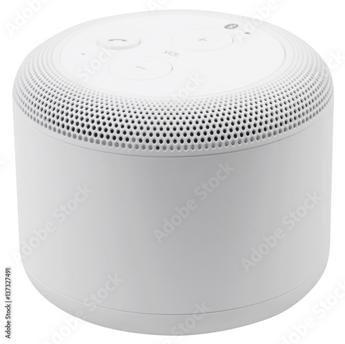 Plakat White wireless bluetooth speaker isolated on white background.