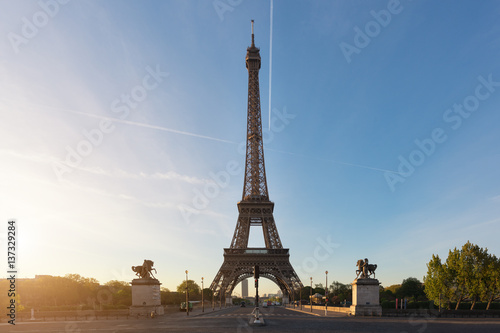 Eiffel tower at Paris from the river Seine in morning. Paris, France.