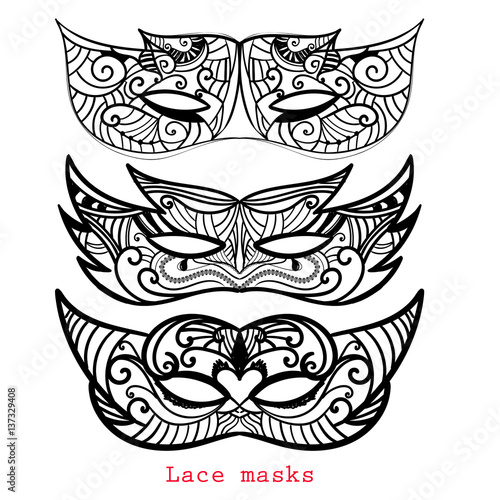 Set of Lace mask for mardi gras. Carnival apparel. Abstractzentangle black mask
