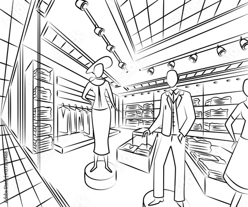 Shopping center with fashion stores. Interior design in sketch style. Vintage hand drawn vector illustration