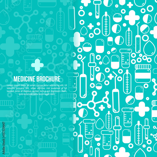Health Care Medical Brochure design Layout. Vector flyer in square size with outline pharmacy items.