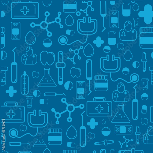 Medicine Health care seamless pattern with outline pharmacy signs including pills, vitamins. Vector illustration can be used for package, wrapping, banners, site headers.