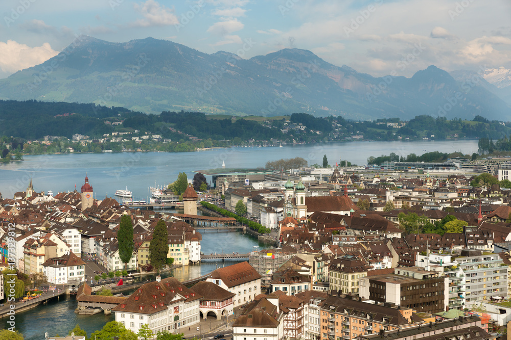 Aerial view of the old town, Lucerne city with lake Lucerne and Rigi mountain in background, Switzerland.