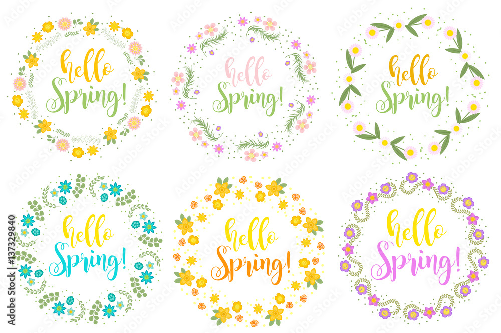 Hello Spring set floral frame for text, isolated on white background. Vector illustration Hello Spring set floral frame for text, isolated on white background. Vector illustration