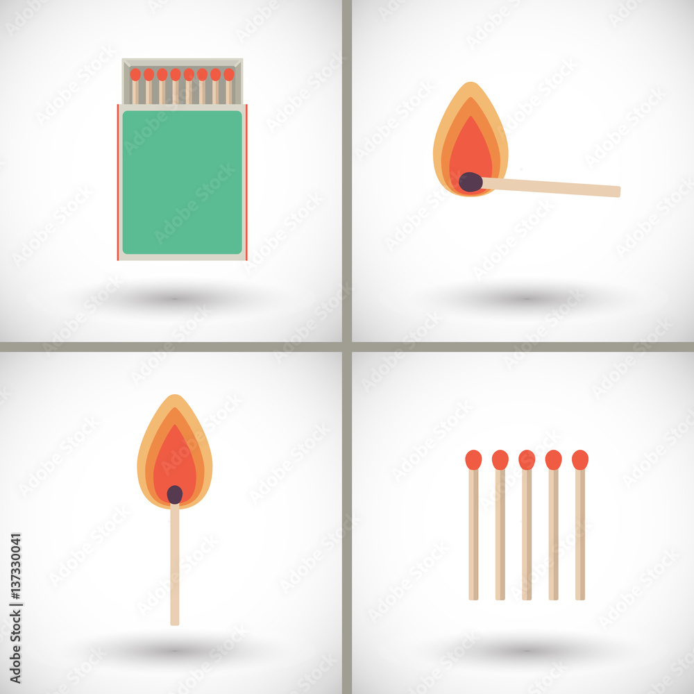 Match sticks and box set flat vector illustration