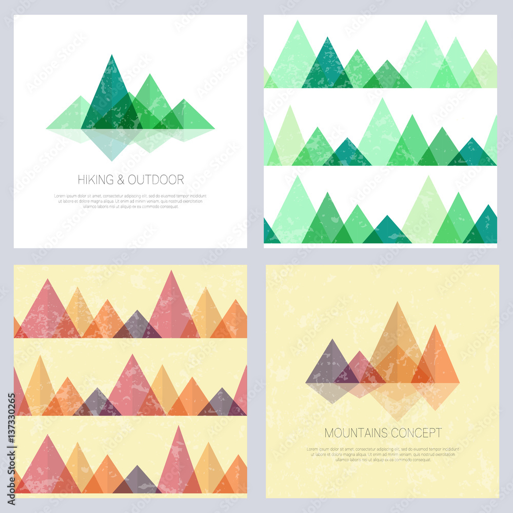 Abstract mountains in geometric style. Set of stylish outdoor card templates and seamless patterns. Vector backgrounds for business cards, greetings, prints, web design, invitations and banners. Abstract mountains in geometric style. Set of stylish outdoor card templates and seamless patterns. Vector backgrounds for business cards, greetings, prints, web design, invitations and banners.
