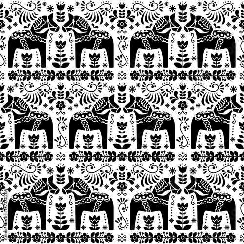 Seamless Scandinavian folk art pattern, Swedish Dala or Daleclarian horse floral design photo