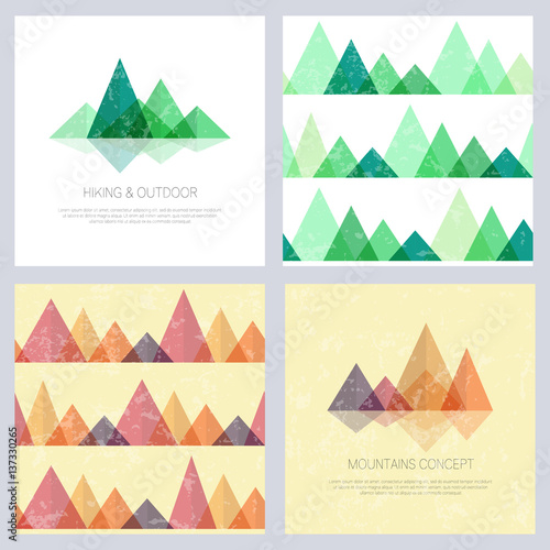 Abstract mountains in geometric style. Set of stylish outdoor card templates and seamless patterns. Vector backgrounds for business cards, greetings, prints, web design, invitations and banners.