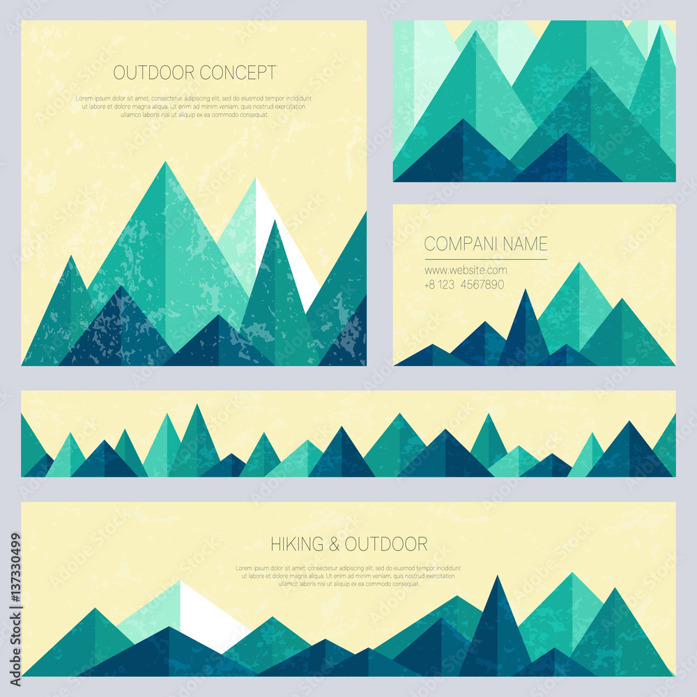 Mountains in low poly style. Set of stylish outdoor card templates. Vector backgrounds for