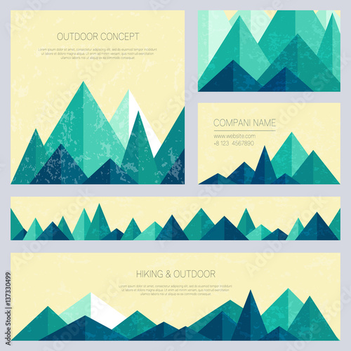 Mountains in low poly style. Set of stylish outdoor card templates. Vector backgrounds for business cards, greetings, prints, web design, invitations and banners.