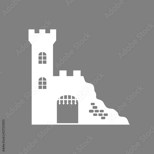 White castle ruin vector icon on grey background
