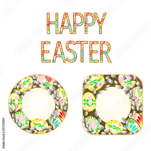 Banner  easter eggs with pussy willow vintage vector illustration