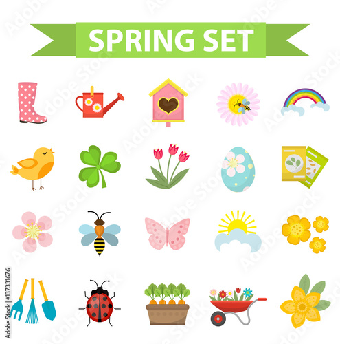 Spring icons set, flat style. Gardening cute collection of design elements, isolated on white background. Nature clip art. Vector illustration