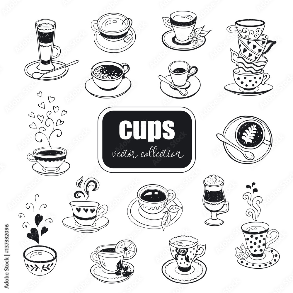 Hand drawn cups collection. Doodle tea mugs and coffee cups isolated on white background. Vector illustration on tea time icons for cafe and restaurant menu design.