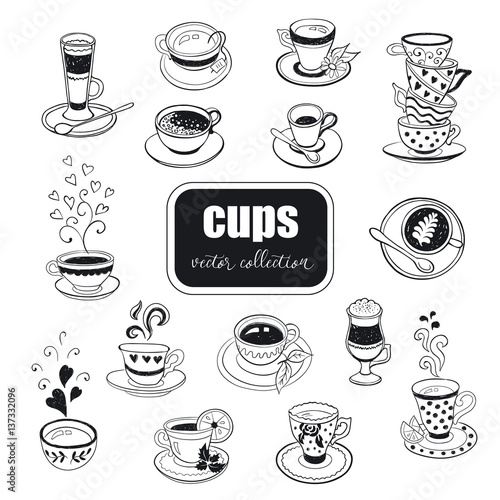 Hand drawn cups collection. Doodle tea mugs and coffee cups isolated on white background. Vector illustration on tea time icons for cafe and restaurant menu design.