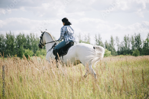 Happy brunette woman riding her white stallion, having fun at the summer field © anastasianess