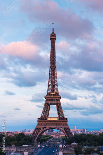 Eiffel Tower in colors of pink twilight Paris