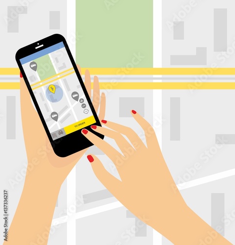 Taxi service. Smartphone and touchscreen, city skyscrapers.Transportation network app, calling a cab by mobile phone concept.