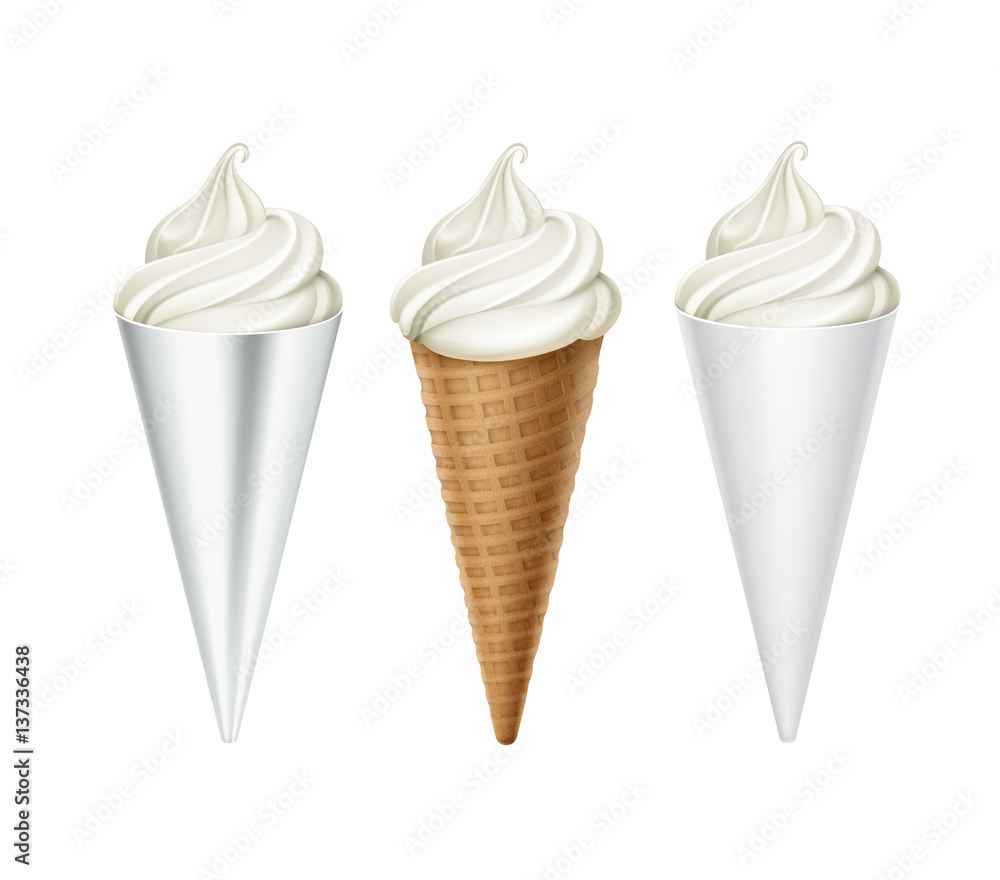 Vector set of White Classic Soft Serve Ice Cream Waffle Cone in White Carton Foil Wrapper Close up Isolated on White Background
