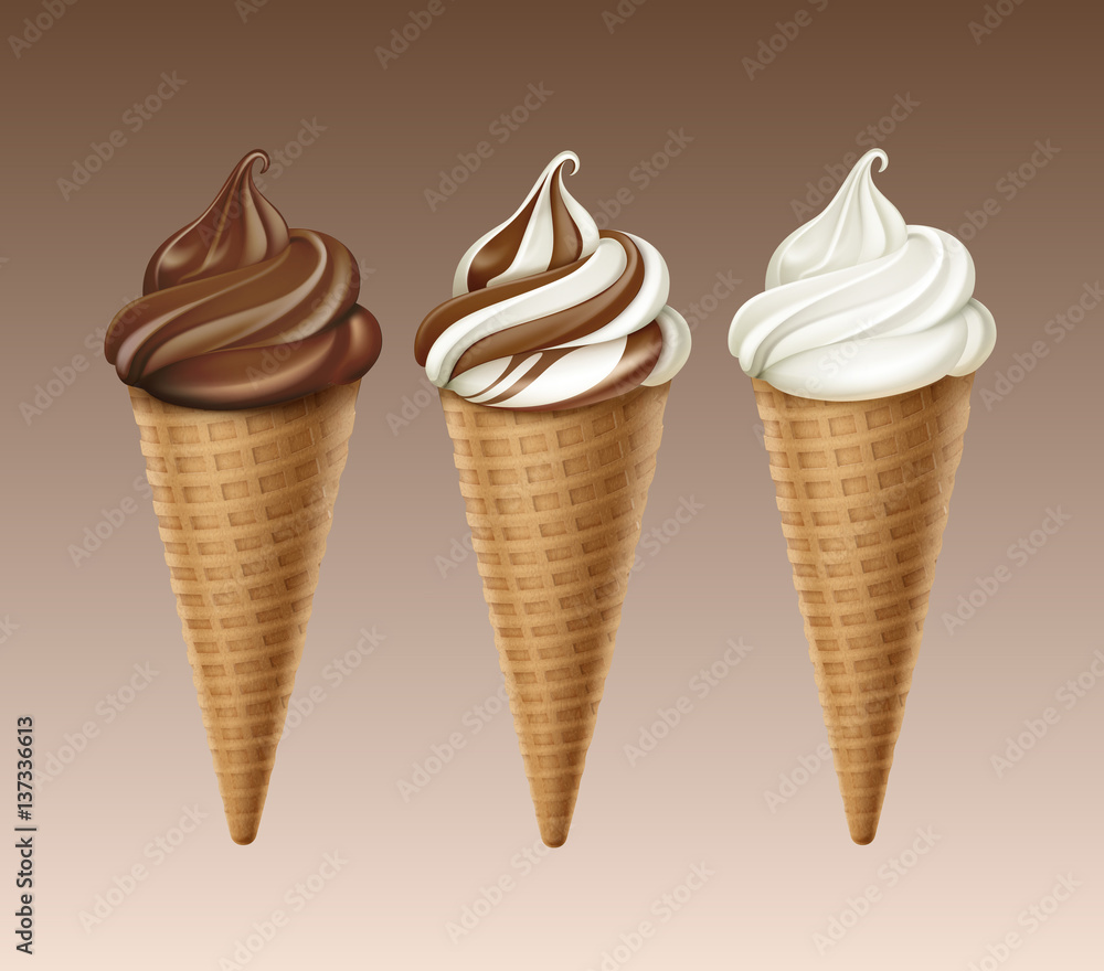 Vector set of Brown Chocolate White Classic Soft Serve Ice Cream Waffle Cone Close up Isolated on Background