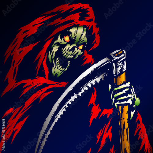 Death with a Scythe. Web Icon. Vector Illustration. Spooky Apocalypse Demon. Spirit Rock Skull. Ghost Skeleton. Nightmare Terrible Mouth. Massacre Phantom monster.