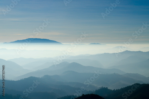 Fototapeta Naklejka Na Ścianę i Meble -  The Fog Mountain in the Morning at Mae Hong Son Thailand.