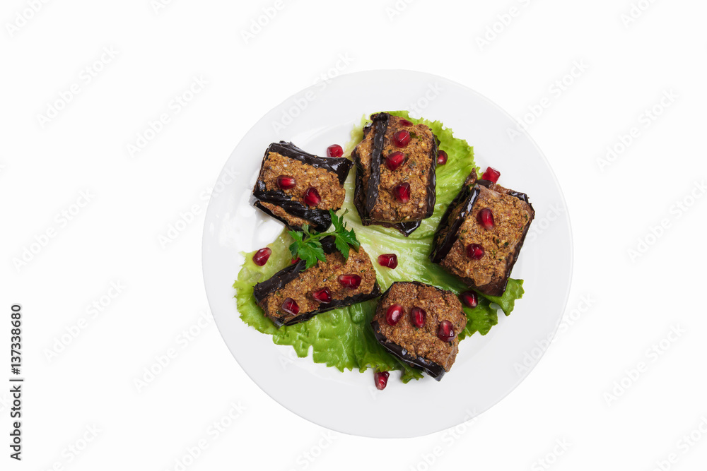  fried eggplant rolls with walnut traditional Georgian dish white background top view