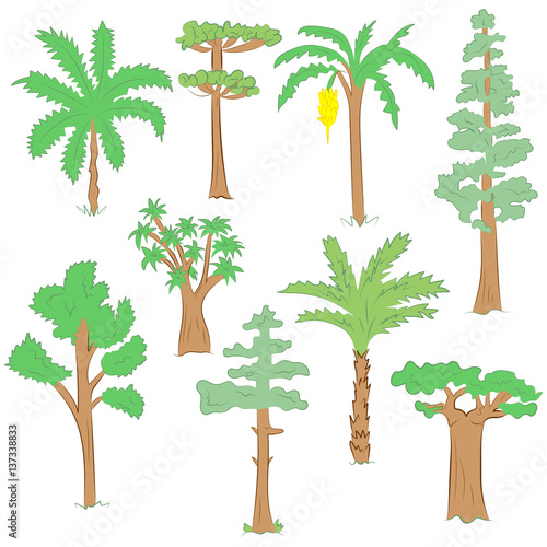 Hand Drawn Set of Green Trees. Doodle Drawings of Palms, Sequoia, Aloe, Acacia, Ceiba  in Flat Style.Vector Illustration.