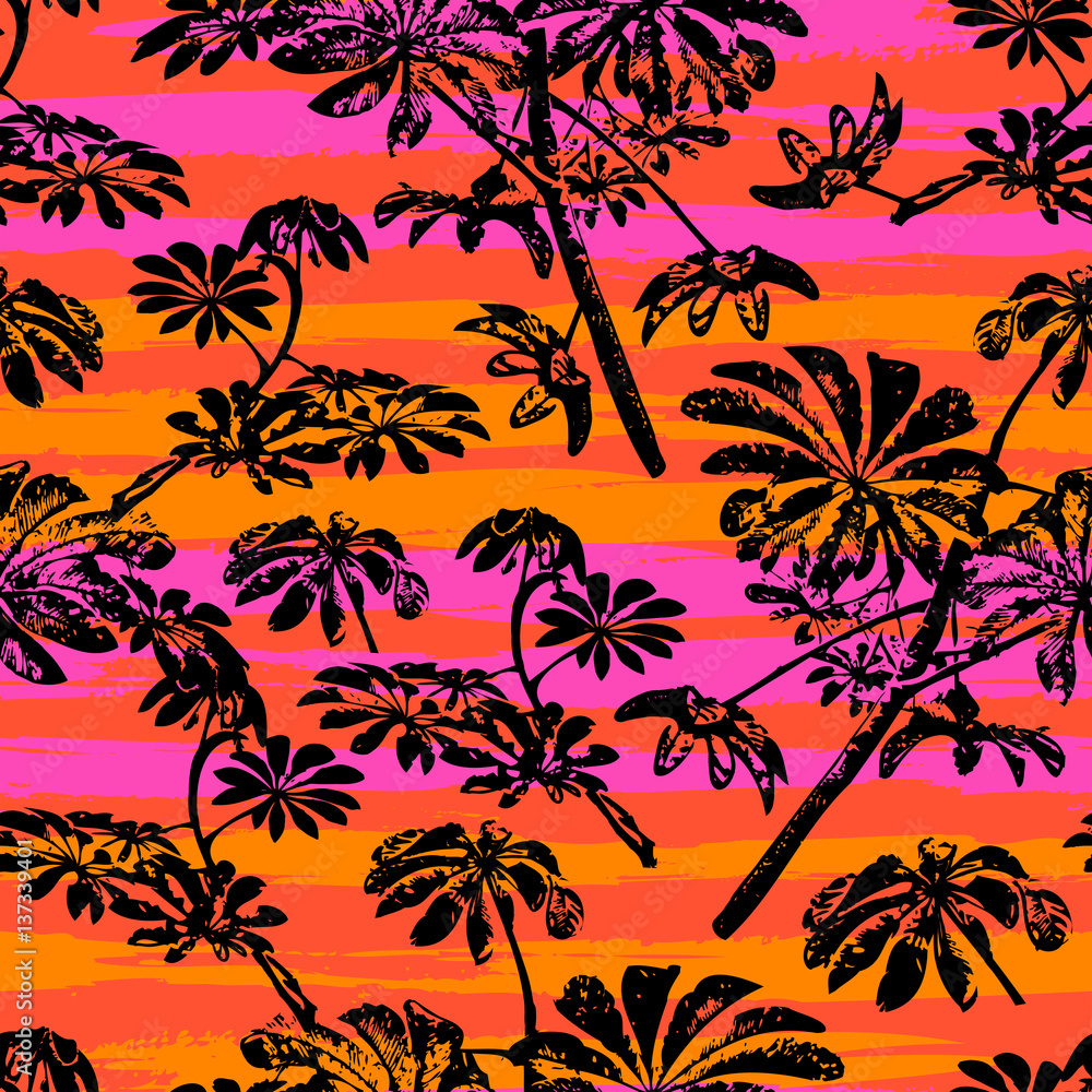 Pattern with tropical trees and leaves