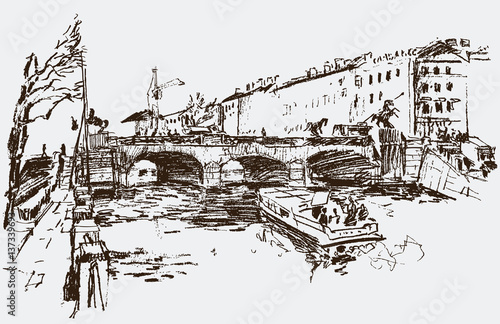 Sketch of a bridge in european city