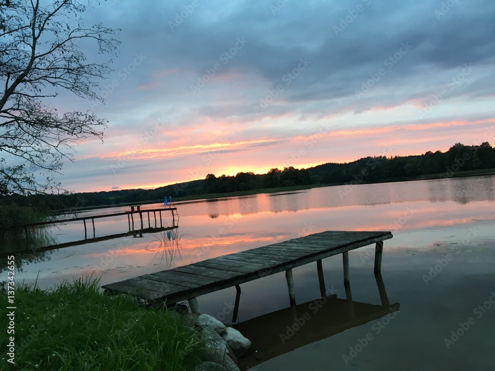 Fototapeta premium Mazury, Poland, lake, footbridge