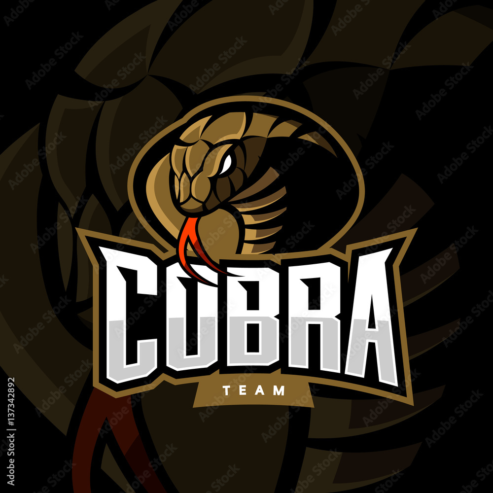 Obraz premium Furious cobra sport vector logo concept isolated on dark background. Web infographic military professional team pictogram. Premium quality wild snake t-shirt tee print illustration.