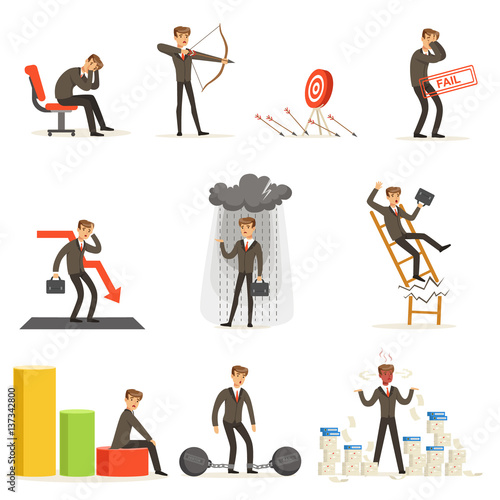 Business Fail And Manager Suffering Loss And Being In Debt Set Of Buncrupcy And Company Failure Vector Illustrations