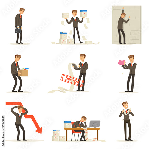 Business Fail And Manager Suffering Loss And Being In Debt Set Of Bankruptcy And Company Failure Vector Illustrations