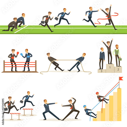 Business Competition Set Of Illustrations With Businessman Running And Competing In Sports