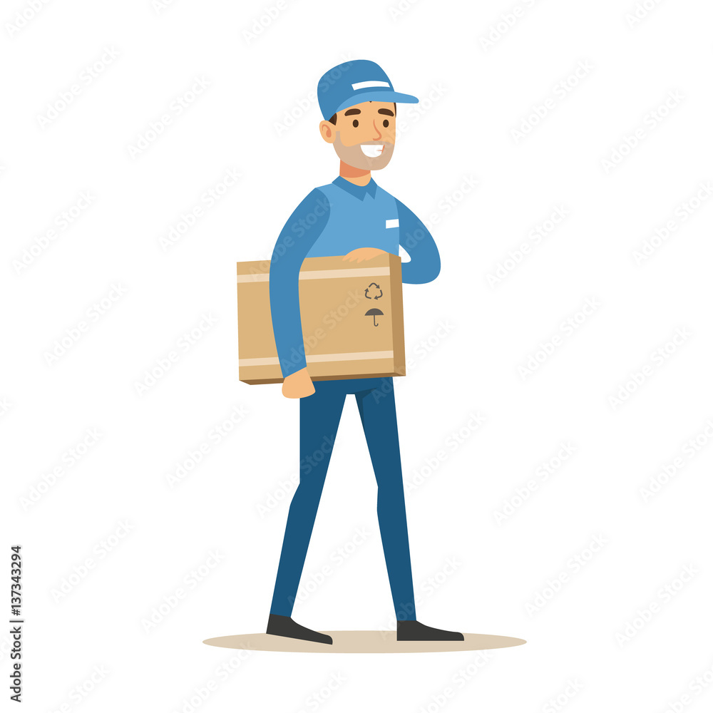 Delivery Service Worker Holding A Box Under Armpit, Smiling Courier Delivering Packages Illustration Delivery Service Worker Holding A Box Under Armpit, Smiling Courier Delivering Packages Illustration