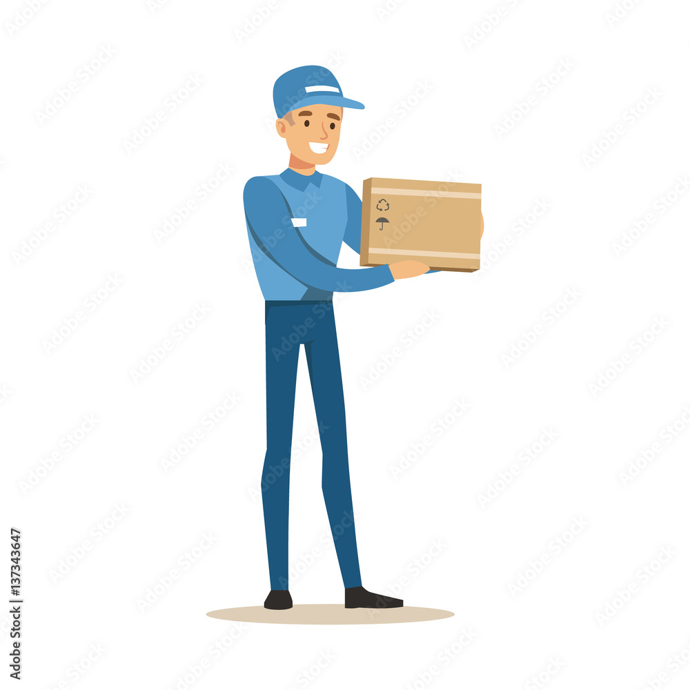 Delivery Service Worker Holding Small Fragile Box, Smiling Courier Delivering Packages Illustration Delivery Service Worker Holding Small Fragile Box, Smiling Courier Delivering Packages Illustration
