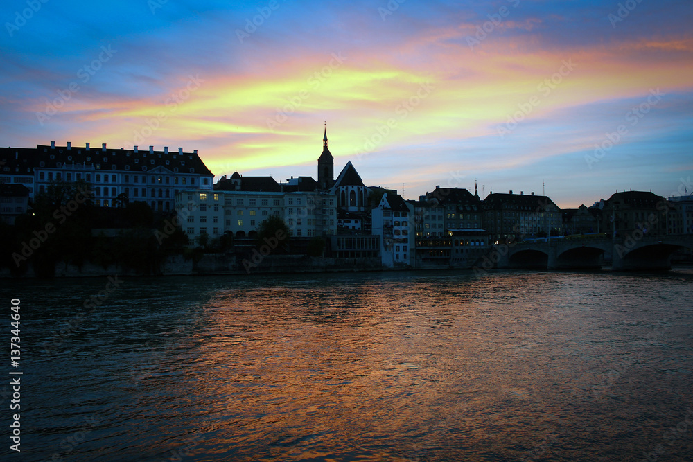 Rhine river by sunset, Basel, Switzerland