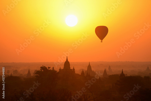 The Ancient Temples of Bagan(Pagan) with rising balloon above, Mandalay, Myanmar