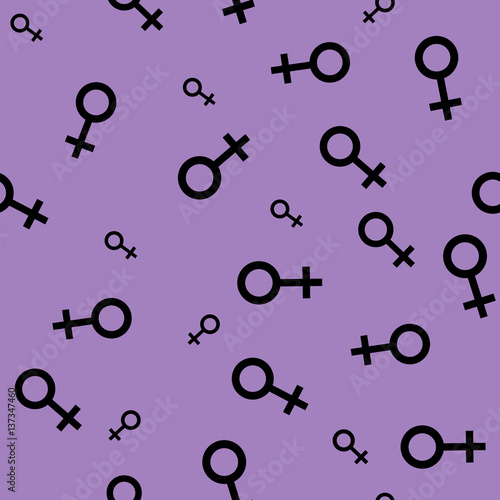 Seamless pattern with black female symbols. Female small signs different sizes. Pattern on purple background. Vector illustration